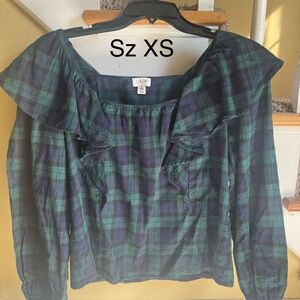 J. Crew Plaid Ruffle Blouse - Green and Blue SZ XS